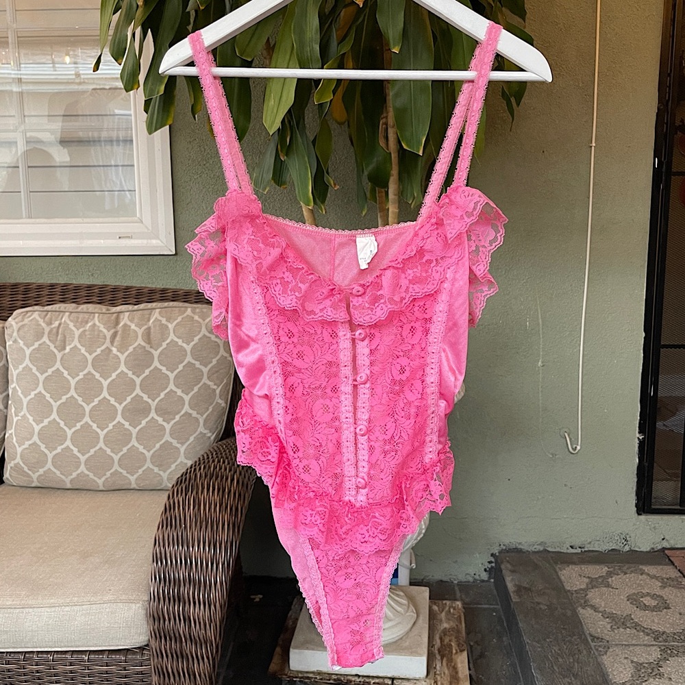 Vintage 90s Lace Ruffle Lingerie Teddy Bodysuit One Piece